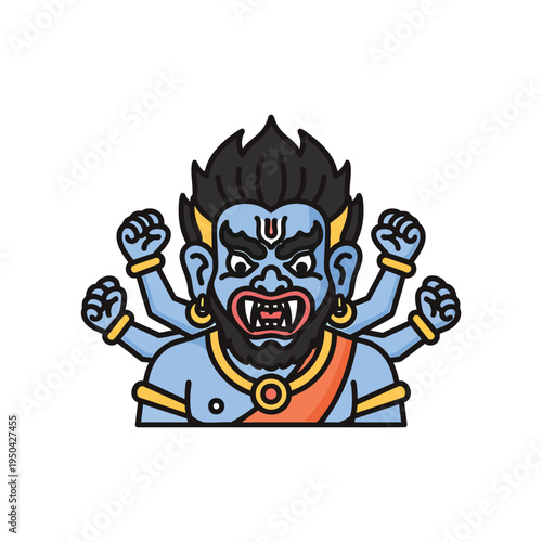 A cartoon depiction of a multi-armed mythological figure with fierce expression, blue skin, black hair, and an orange garment
