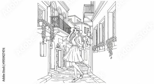 A woman wearing a hat and dress walks down a charming cobblestone street