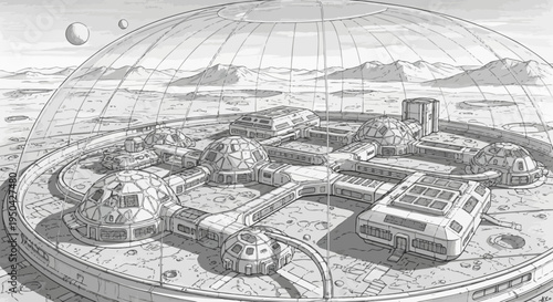 Futuristic domed city on an alien planet, a detailed architectural concept sketch.