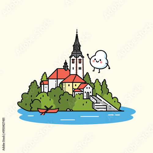 A cartoon depiction of a European landmark on a lake with a cloud person.  A church with a tall steeple, surrounded by lush green trees, a small bridge, and a red rowboat