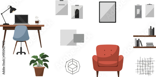 A workspace with a desk, chair, and armchair, plus decorative elements