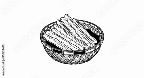 A woven basket holds several elongated, curved pastry-like items