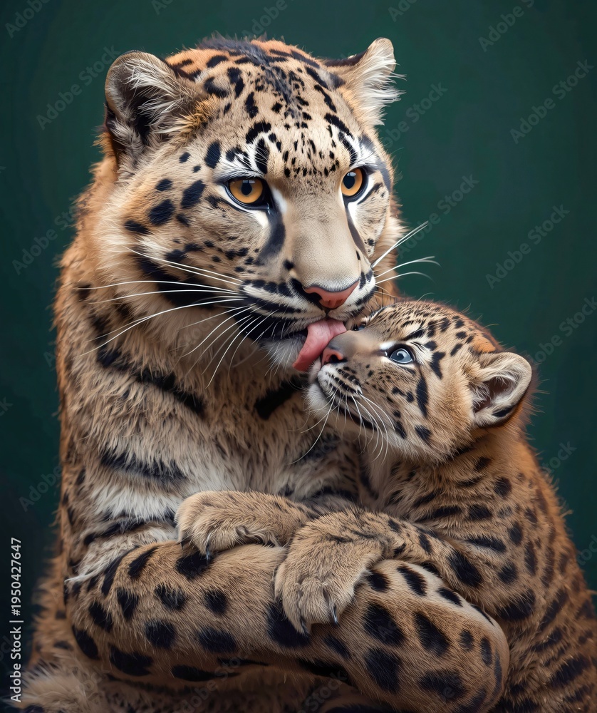 Fototapeta premium Sunda Clouded Leopard Mother & Cub - Maternal Bond Studio Portrait
