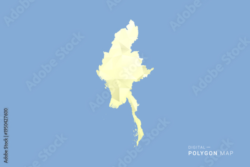 Myanmar Map in low poly polygon vector style, geometric shape illustration with soft yellow tones on blue background, clean silhouette for infographic.