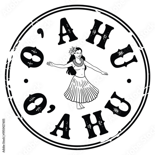Vintage style circular stamp featuring a hula dancer and Oahu text