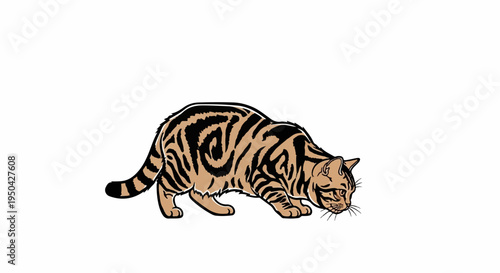 A stylized cat with brown fur and black stripes crouches low
