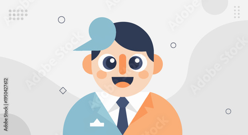 A stylized, cartoon-like person with a smiling face, wearing a suit