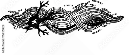 Abstract black and white illustration of a neuron with swirling neural pathways