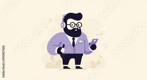 A stylized, cartoonish man wearing headphones and glasses, holding a smartphone
