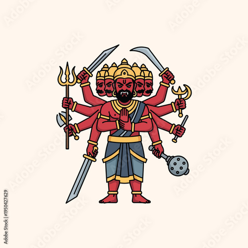 A cartoon depiction of a multi-headed deity with multiple arms, wielding various weapons on a light beige background. The figure is clad in simple attire