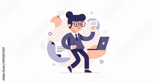 A stylized person in a suit with glasses holds a card, with a laptop and documents