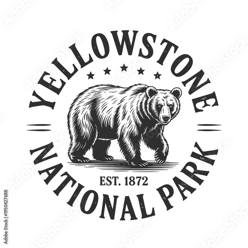 Vintage style badge featuring a grizzly bear for yellowstone national park
