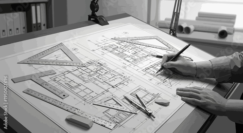 Architect's hands meticulously drawing blueprints on a drafting table with various technical tools.