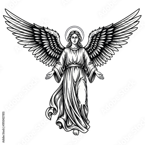Angel with outstretched wings and halo, drawing, sketch, black and white