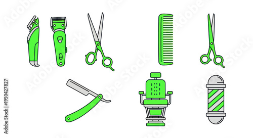 Barber Shop Tools Icons: Clippers, Scissors, Comb, Razor, Chair, Pole