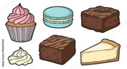 Assorted Desserts Collection: Cupcake, Macaron, Brownies, Cheesecake Slice, Cream Swirl