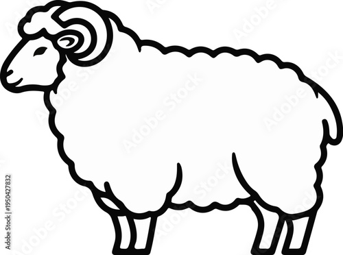 A stylized line drawing of a fluffy sheep with curled horns