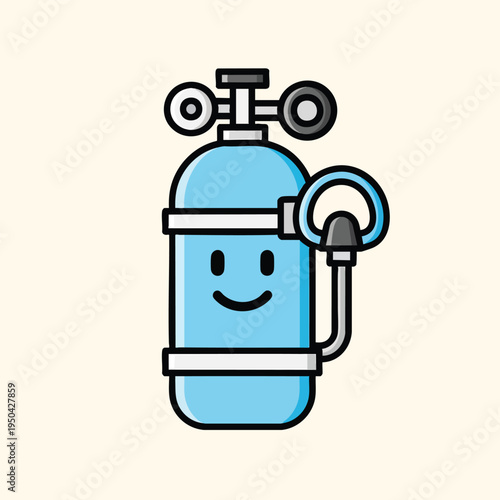 A cartoon depiction of a scuba diving tank with a smiling face. It has a valve system and a pressure gauge, suitable for underwater adventures