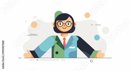 A stylized person with glasses, a beard, and a two-toned suit is shown