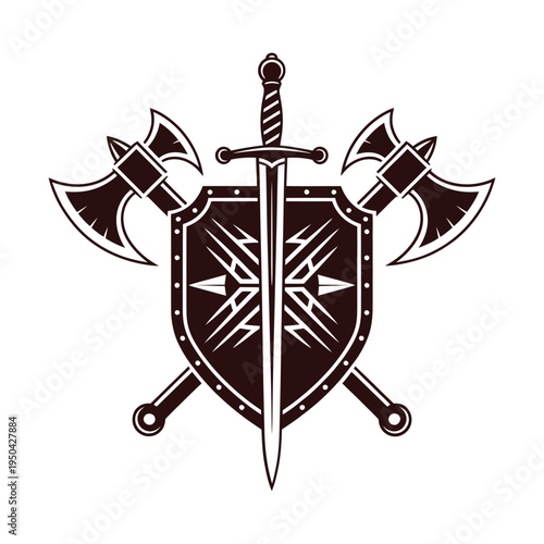 Medieval weaponry a sword two axes and a shield crossed together