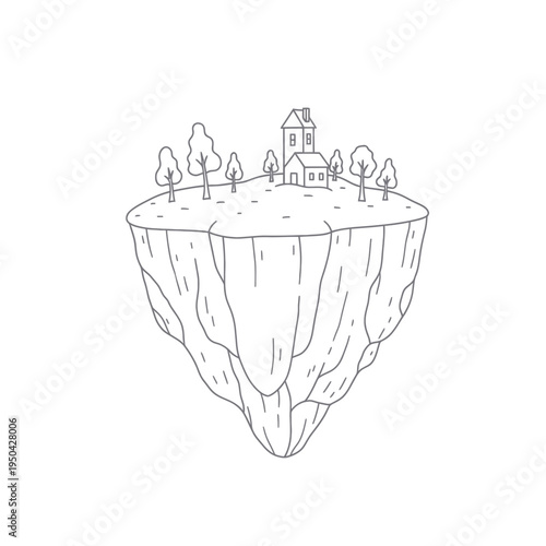 Floating Island with House and Trees Illustration