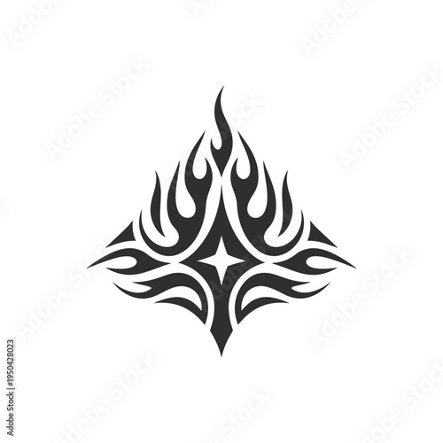 Stylized black flame design with tribal and geometric elements