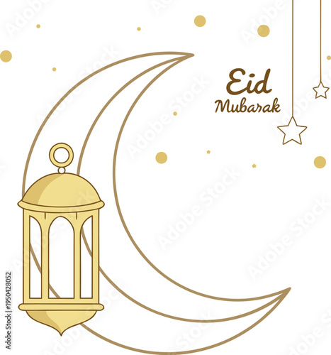 Minimalist Eid Mubarak Card with White Crescent Moon and Golden Lantern.