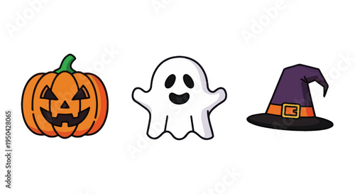 Halloween Icons: Jack-o-lantern, Ghost, Witch Hat on White Background