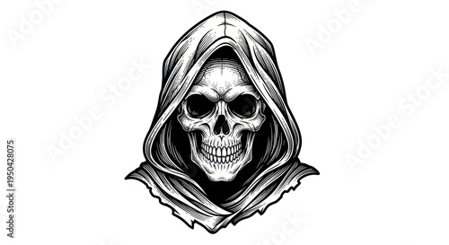 Grim Reaper Skull with Hood and Cross - Spooky Halloween Illustration