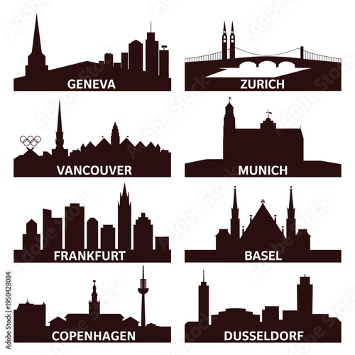 European city skylines presented as black silhouettes against white backgrounds