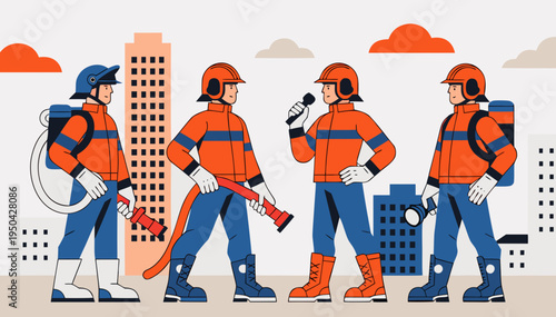 Four firefighters in full gear standing in various poses, holding equipment, ready for action. vector
