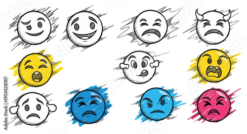 Hand-drawn Emoticons Expressing Various Emotions and Feelings