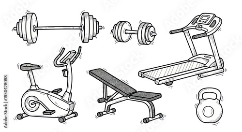 Hand-Drawn Fitness Equipment Set: Treadmill, Dumbbells, Barbell, Exercise Bike, Bench, Kettlebell