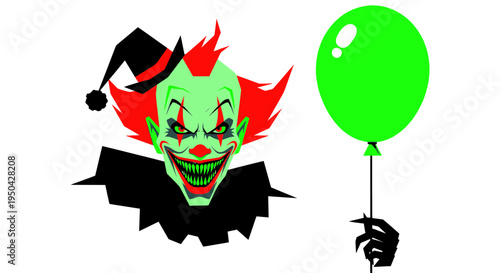 Scary Clown with Green Balloon, Spooky Halloween Character