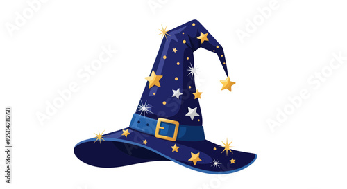 Sparkling Blue Wizard Hat with Golden Stars and Buckle