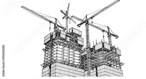 Detailed black and white illustration of a modern skyscraper under construction with multiple towering cranes.