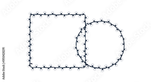 Square and Circle Shapes Made of Christmas Lights on White Background