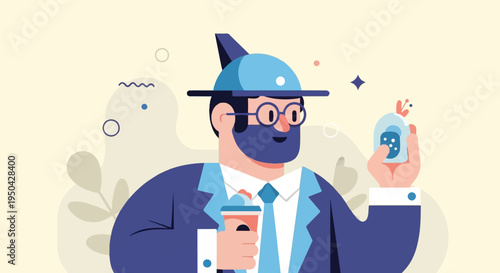 A stylized person in a suit and hat holds a drink and a capsule