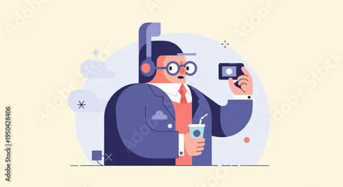 A stylized person in a suit holds a phone and a drink, wearing headphones