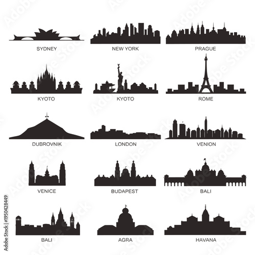 Silhouettes of famous city skylines from around the world are displayed
