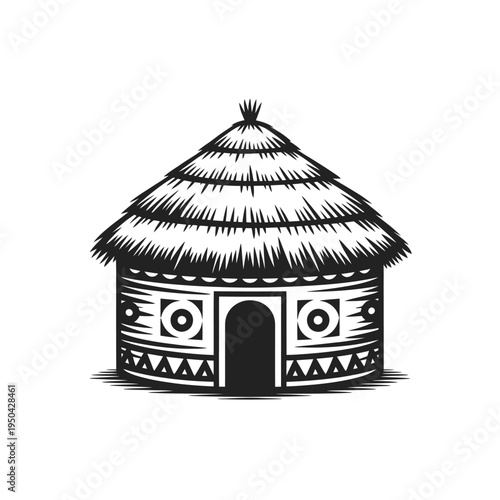 A detailed black and white illustration of a traditional african hut