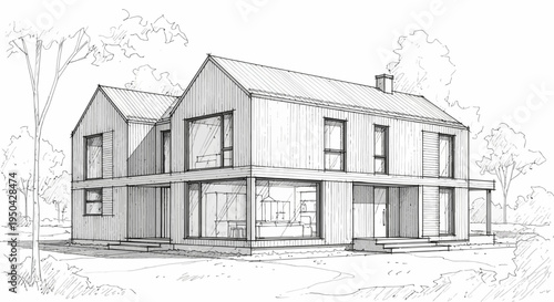 Architectural sketch of a modern two-story house with gabled roofs and large windows, surrounded by trees.