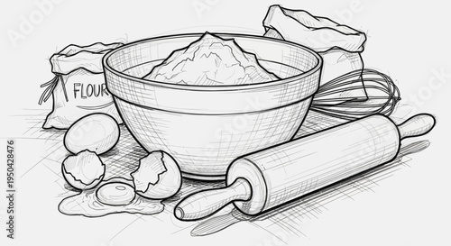 Detailed black and white sketch of baking ingredients and tools, including flour, eggs, a mixing bowl, whisk, and rolling pin.