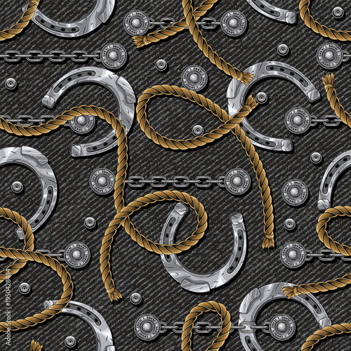 Seamless denim themed pattern with steel horseshoes, metal trims, chains, pieces of rope, scattered rivets. Grunge jeans texture on background. Print in vintage style for clothing, textile design