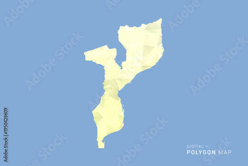 Mozambique Map in low poly polygon vector style, geometric shape illustration with soft yellow tones on blue background, clean silhouette for infographic.