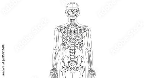 Detailed anterior view line drawing of the human skeletal system.