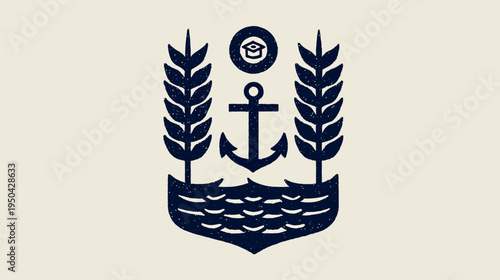 A crest featuring an anchor, waves, wheat stalks, and a mortarboard inside a circle