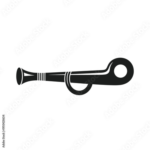 A simple black silhouette of a vintage bugle instrument on white
