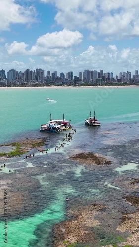 Natural Pools At Joao Pessoa Paraiba Brazil. Aerial View Of Stunning Beach With Crystal Clear Waters. Shore Horizon Beach Sea. Shore Seaside Panning Wide. Joao Pessoa Paraiba.