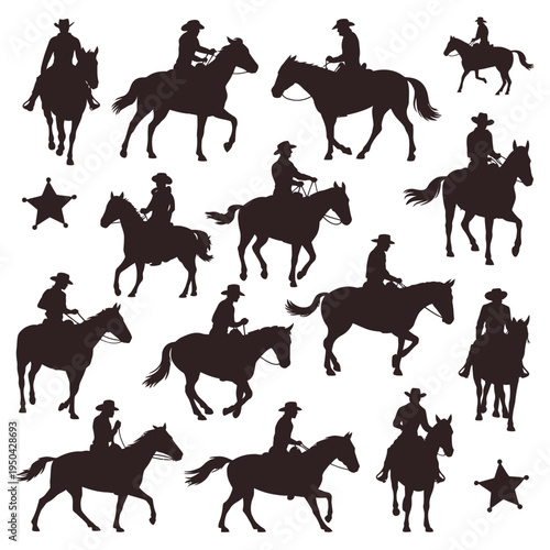Silhouettes of cowboys on horseback against a stark white background
